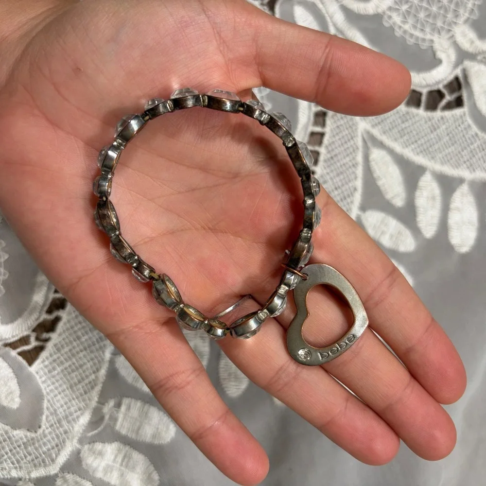 Y2K Mcbling Bebe Silver Tone Crystal Stretch Bracelet with Open Heart Charm Logo